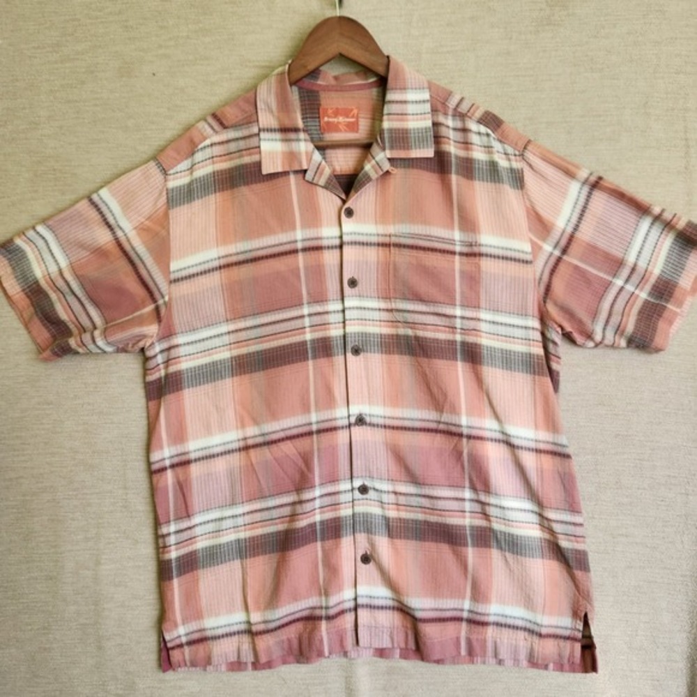 Tommy Bahama Mens Medium 100%‎ Silk Plaid Short Sleeve Camp Shirt Coral Orange
